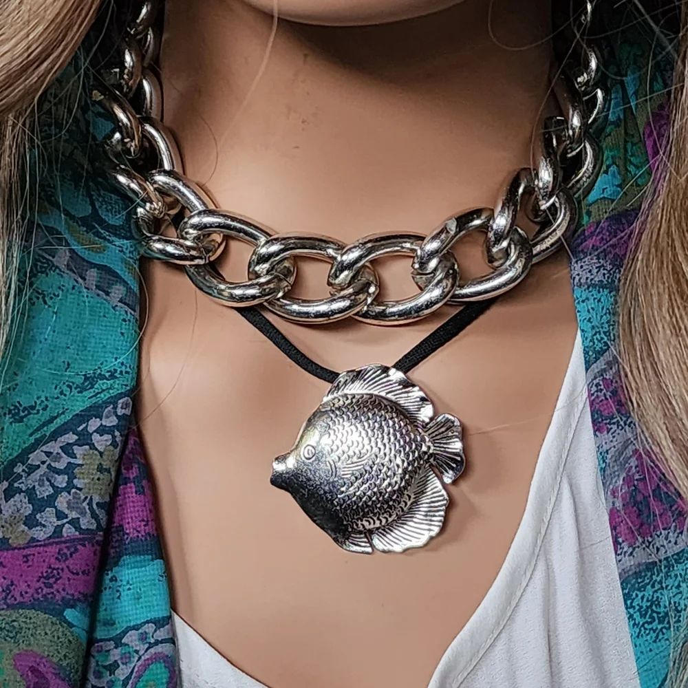 ❤️ Silver Pendant Ocean Fish Soft Black Cord Necklace Boho Mermaid Jewelry